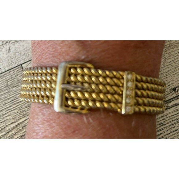 Buckle Gold Tone Bangle Hinged Bracelet Faux Buckle Rhinestones - Picture 2 of 5
